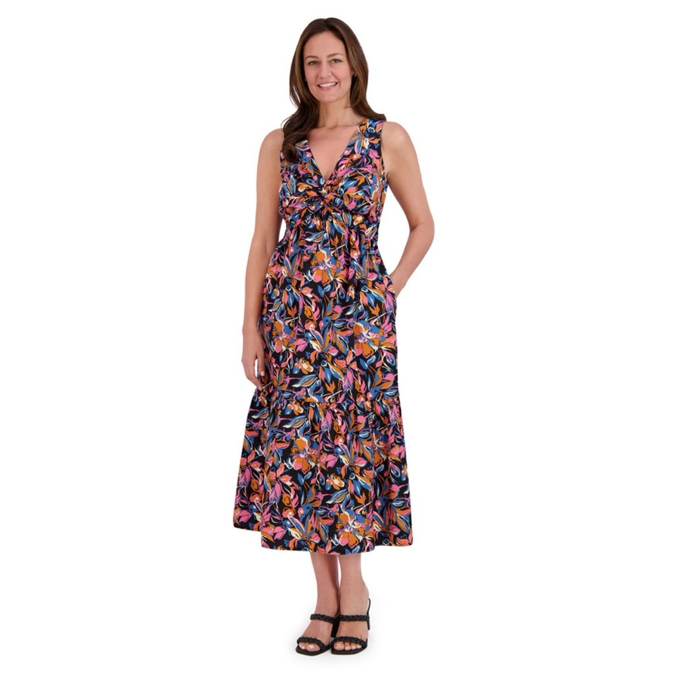 French Connection Blue and Orange Sleeveless V-Neck Maxi Sundress